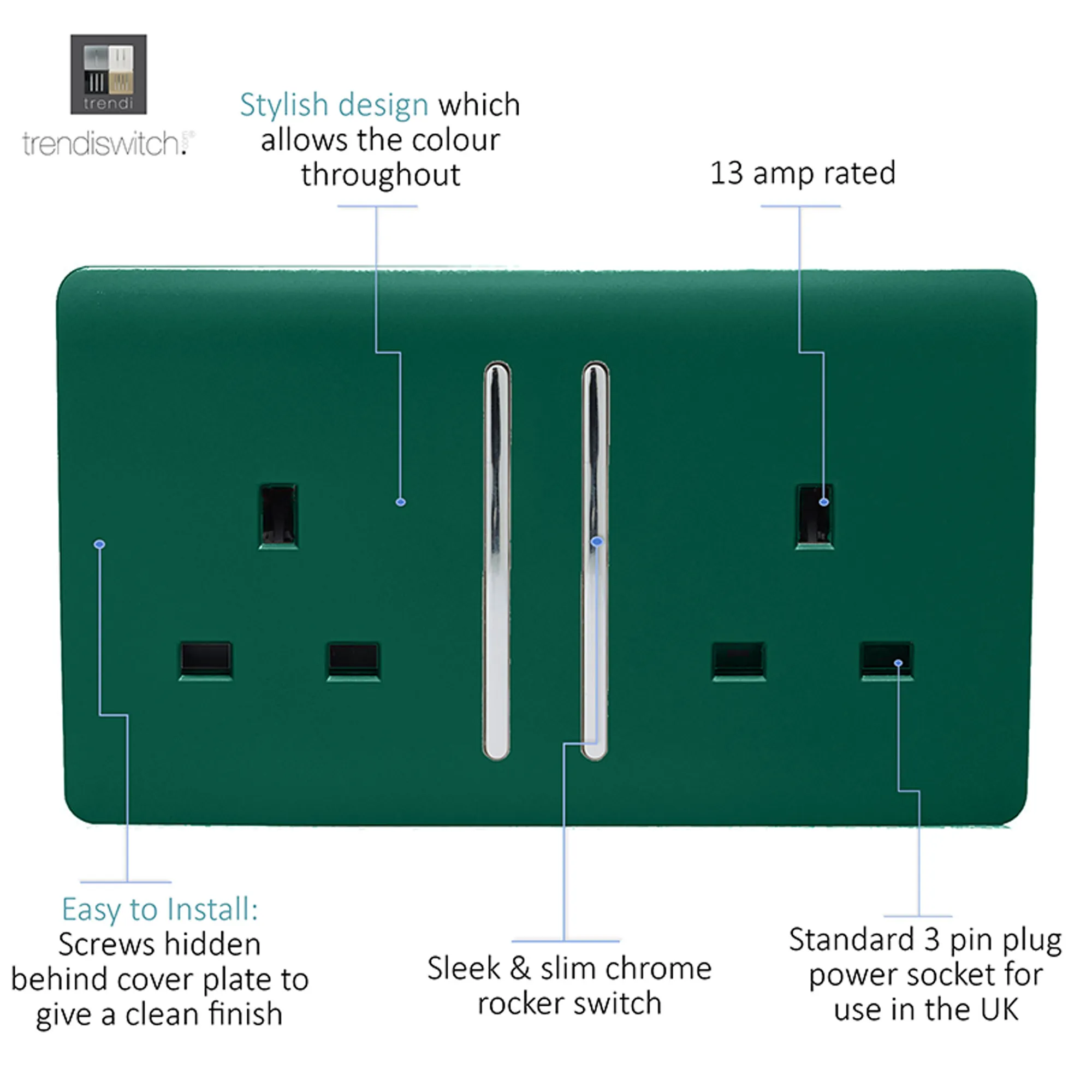 2 Gang 13Amp Long Switched Double Socket Dark Green ART-SKT213LDG  Trendi Dark Green